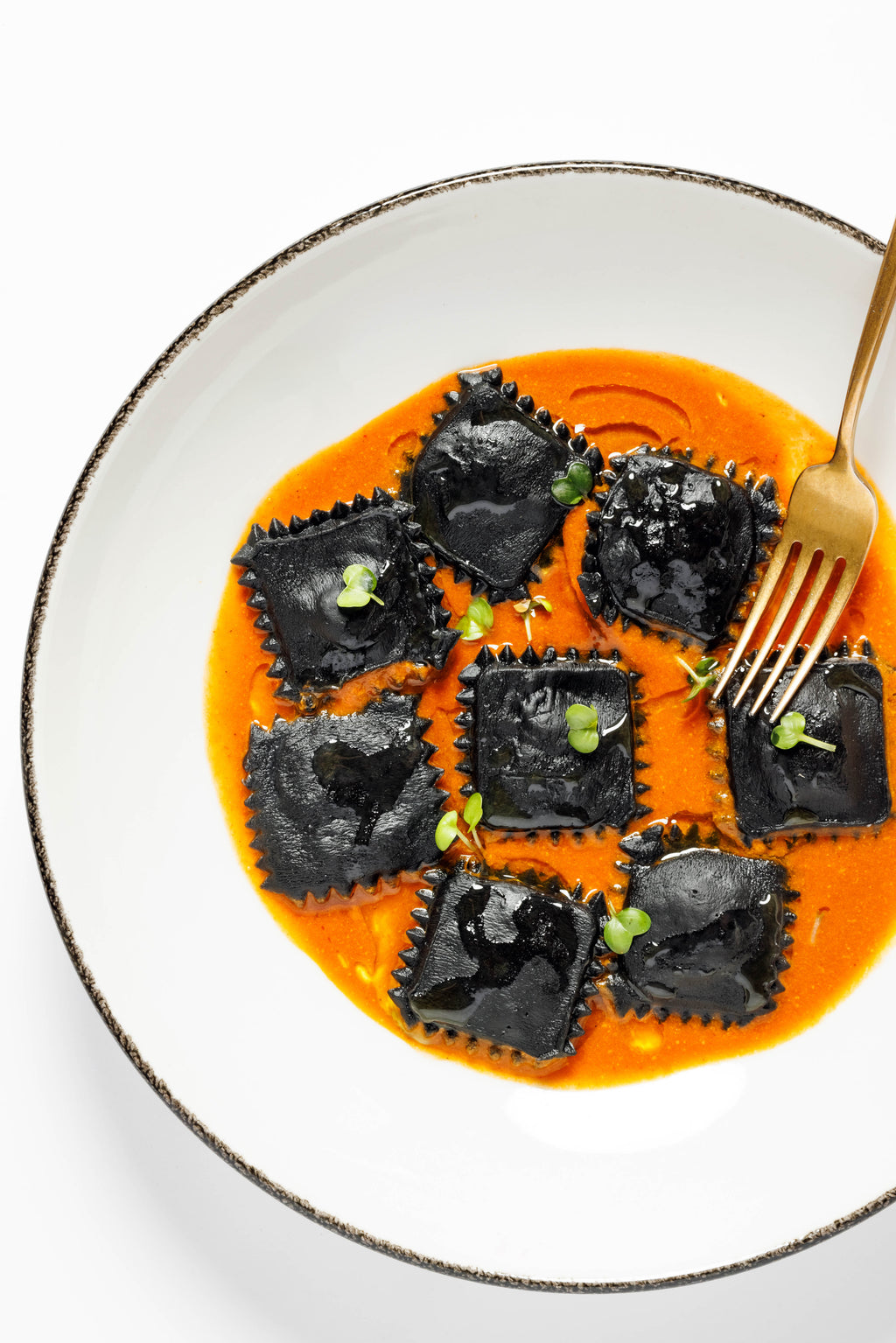 Ravioli with cuttlefish ink and salmon